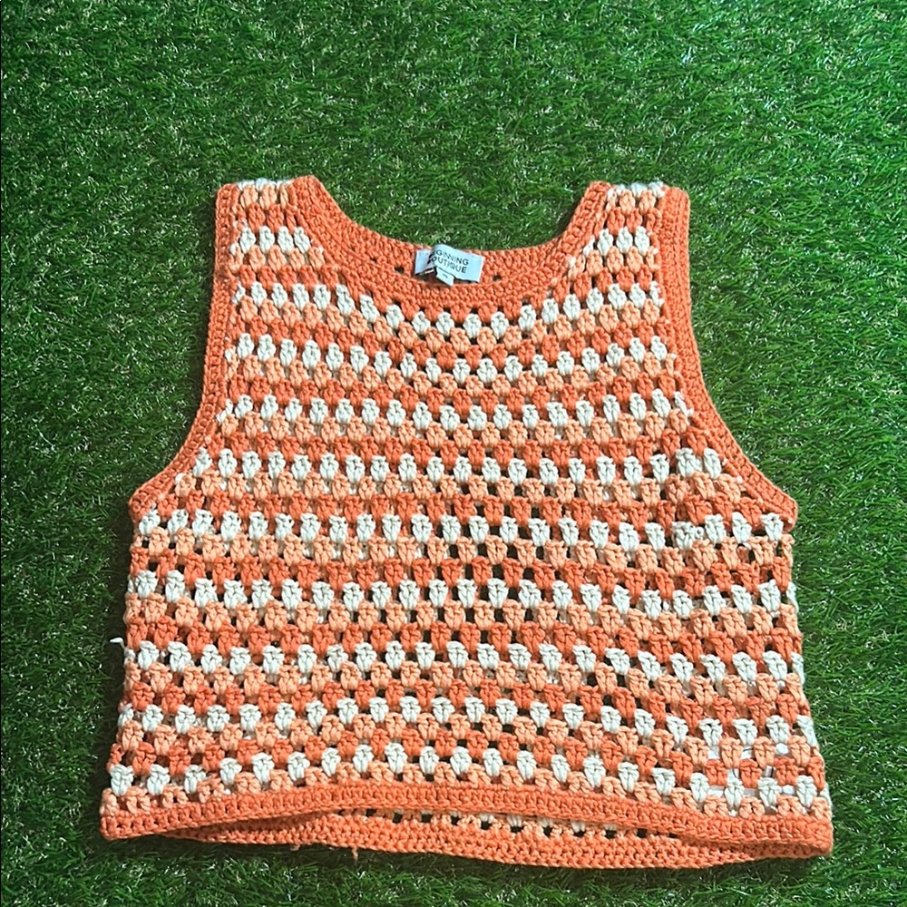 Beginning Boutique Vibrant Orange and Cream Crochet Top
